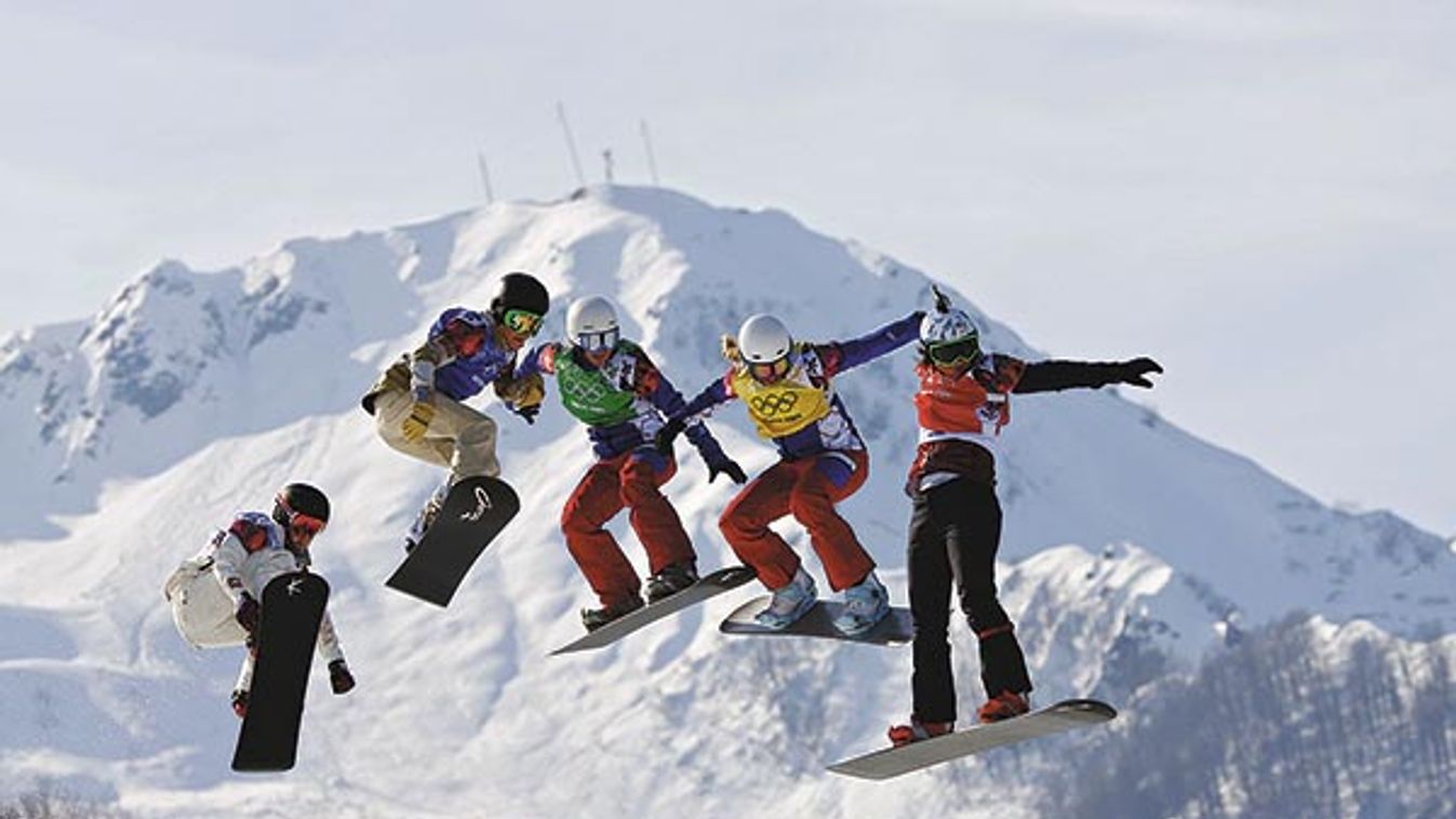 Switzerland's Meiler, Gulini of U.S., France's Loccoz, France's Trespeuch, Samkova of Czech Republic compete during the women's snowboard cross semi-finals at the 2014 Sochi Winter Olympic Games in Rosa Khutor