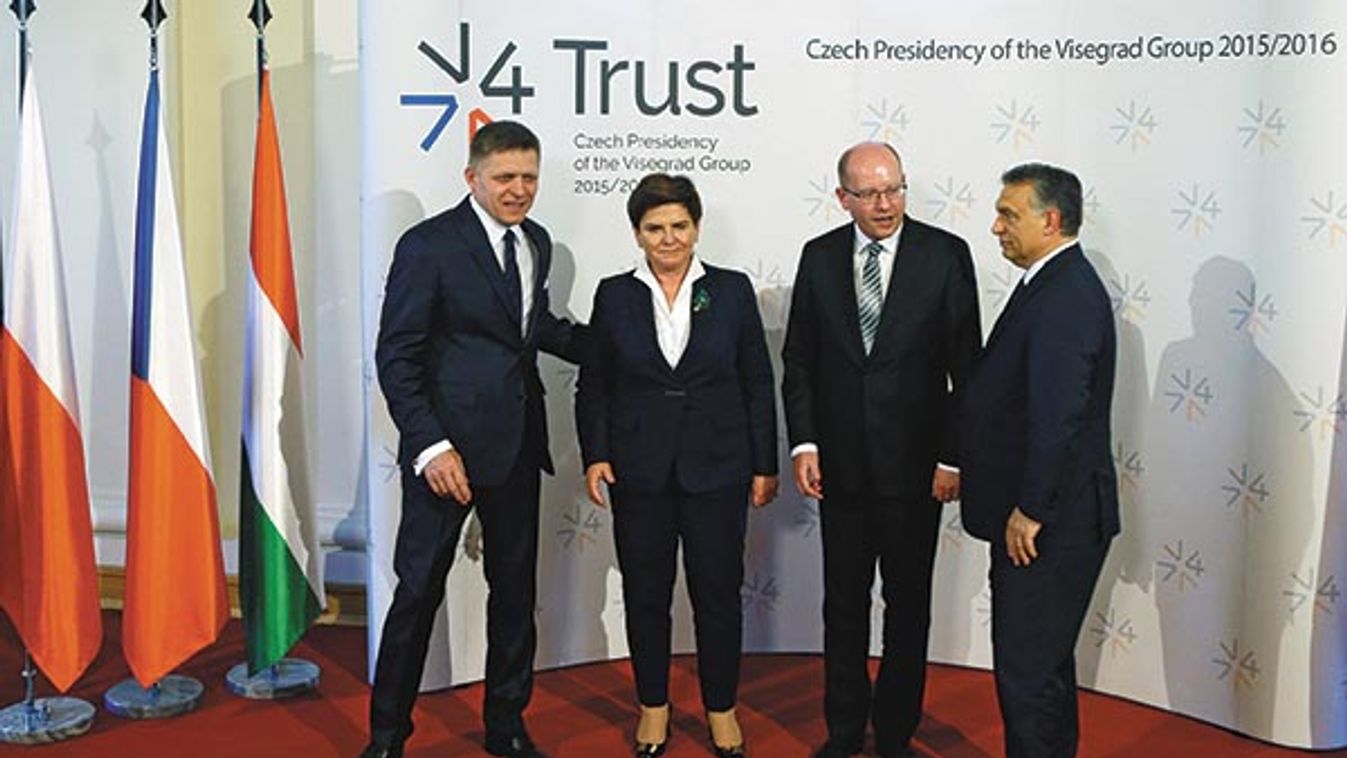 Visegrad Group member nations' Prime Ministers, Slovakia's Fico, Poland's Szydlo, Sobotka of the Czech Republic and Hungary's Orban pose for a group photo during a summit in Prague
