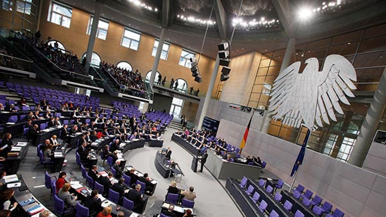 General overview shows plenary hall of German lower house of parliament Bundestag during session in Berlin