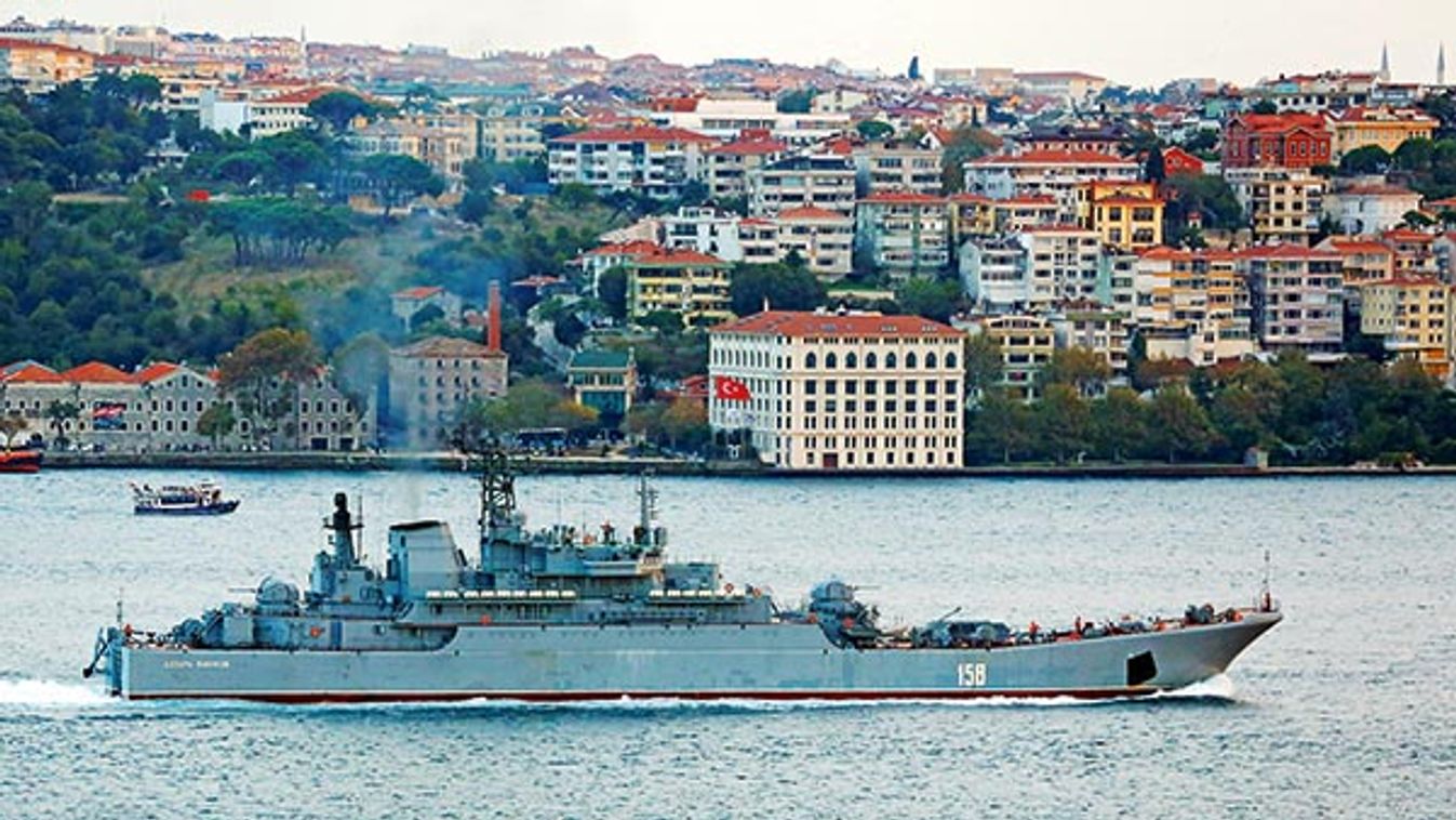 The Russian Navy's large landing ship Caesar Kunikov sails in the Bosphorus, on its way to the Mediterranean Sea, in Istanbul