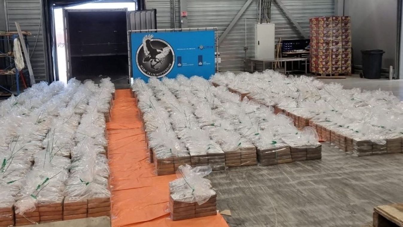 This handout photograph released by Netherlands Customs on August 10, 2023, shows packets of cocaine on display after they were seized by authorities in the port of Rotterdam on July 13, 2023. Dutch authorities have seized over eight tonnes of cocaine discovered in a container ship from Ecuador, the nation's largest ever seizure of the drug, prosecutors said August 10, 2023. The drugs, valued at an estimated 600 million euros ($661 million), were concealed in a container carrying bananas that had arrived in Rotterdam via Panama, prosecutors said.