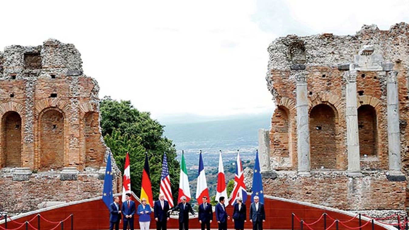 EU President Tusk, Canadian PM Trudeau, German Chancellor Merkel, U.S. President Trump, Italian PM Gentiloni, French President Macron, Japanese PM Abe, Britain’s PM May EU President Jean-Claude Juncker pose in Taormina