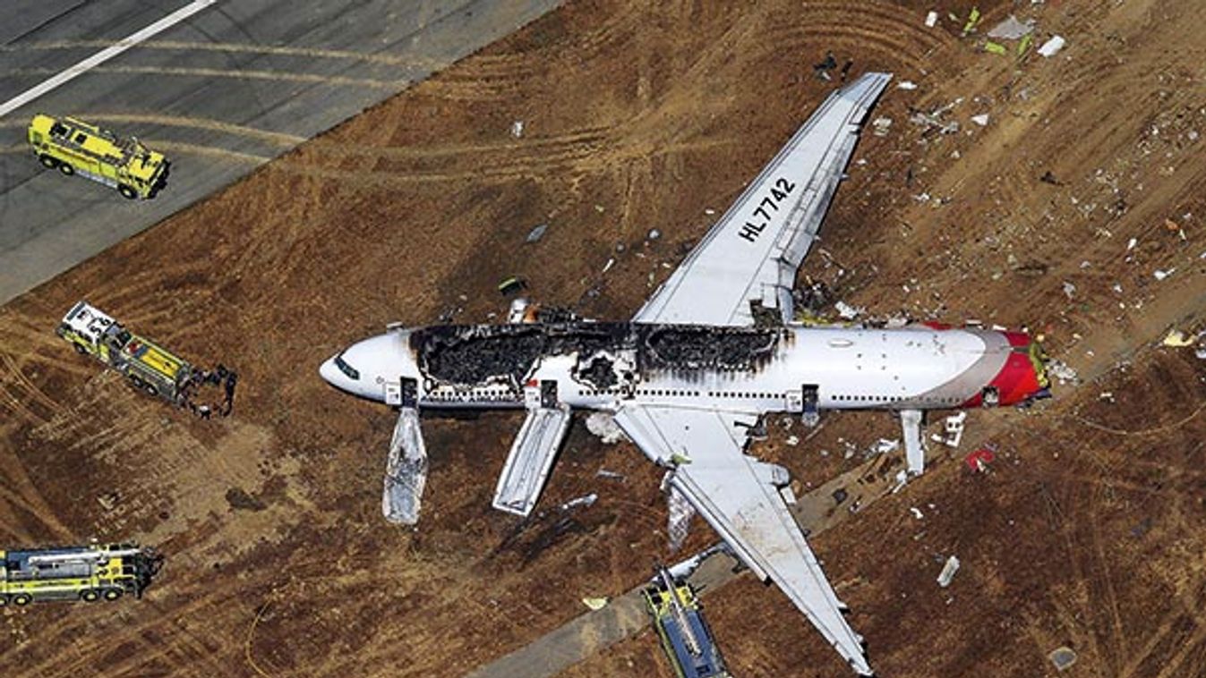 An Asiana Airlines Boeing 777 plane is seen in this aerial image after it crashed while landing at San Francisco International Airport in California