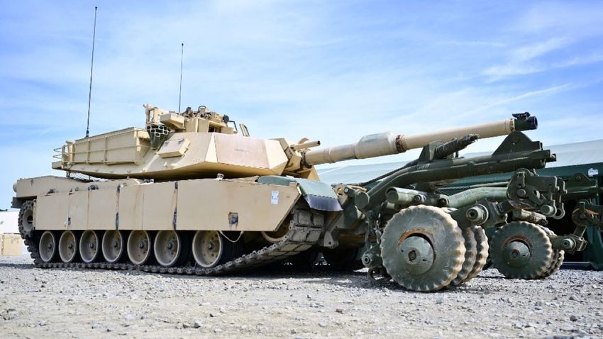 A U.S. Army M1A1 Abrams tank, photographed with mine roller mounted, as they will be delivered to Ukraine.