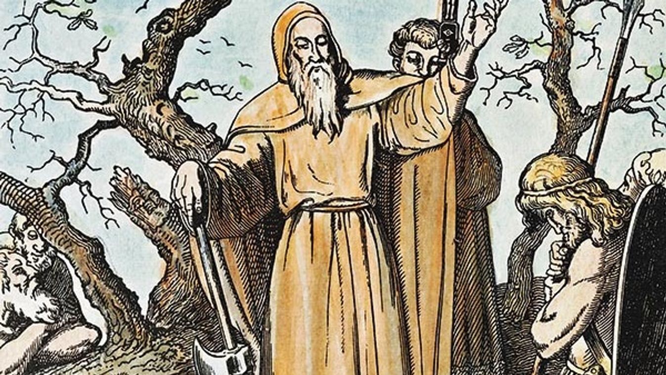 "Saint Boniface (Winfrid), 672/673 - 5.6.754, saint, apostle of the Germans, full length, felling holy oak at Gesmar, colour woo