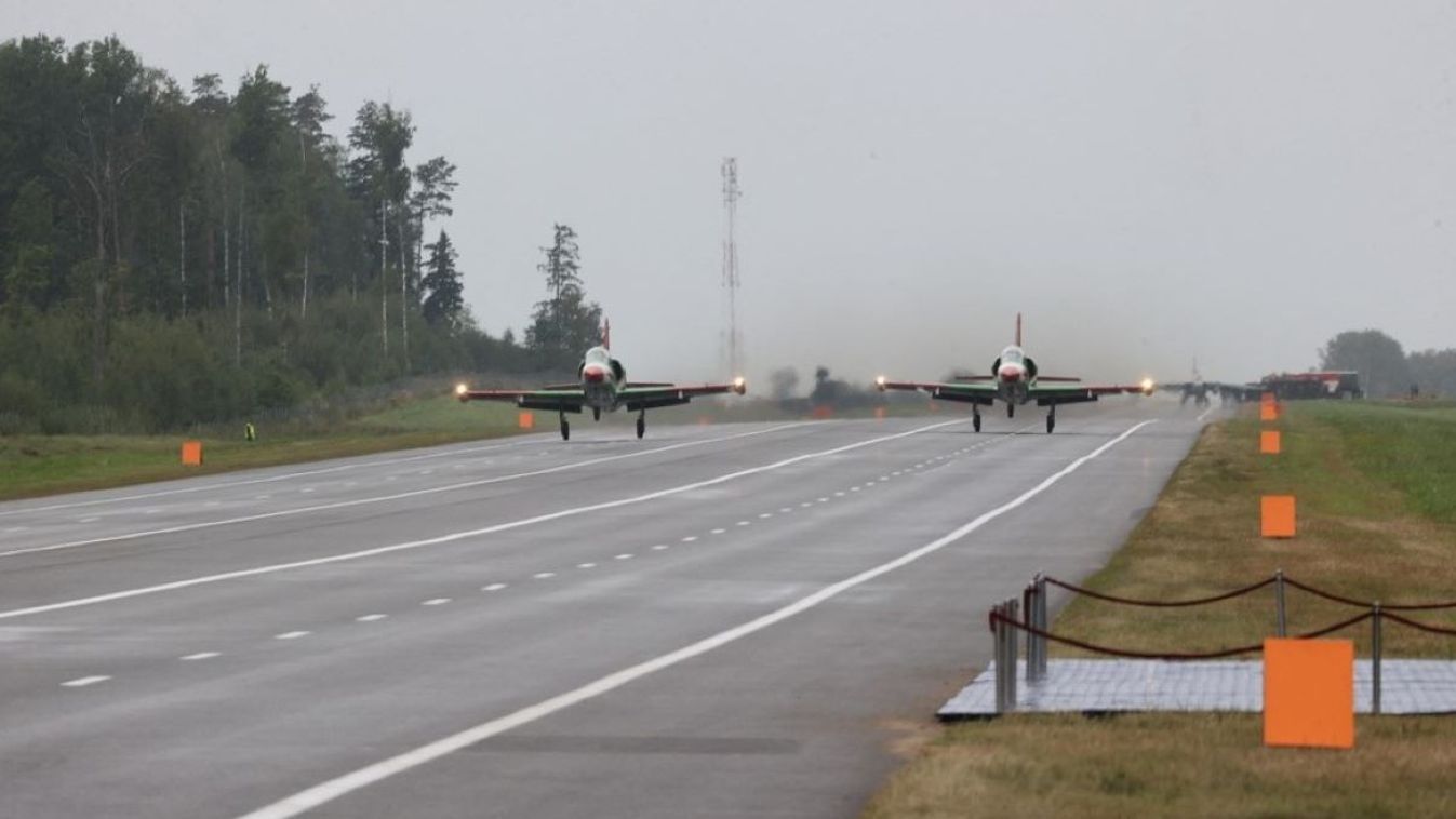 A view of the joint special Belarusian-Russian exercise as Su-25, Yak-130, and L-39 aircraft of the Armed Forces of the Republic of Belarus landed on an airfield section of the road in Minsk, Belarus on August 25, 2021.