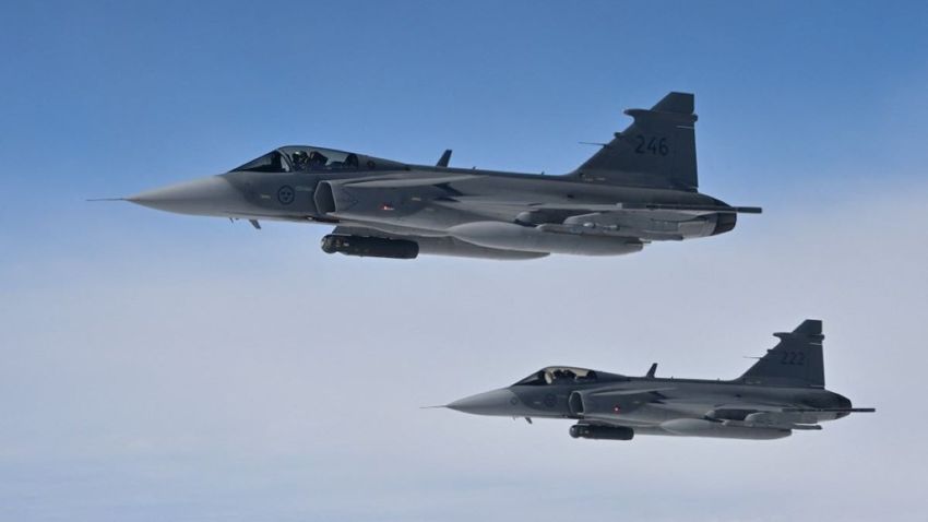 Swedish Air Force Saab JAS 39 Gripen jetfighters take part in the NATO exercise as part of the NATO Air Policing mission, in Alliance members’ sovereign airspace on July 4, 2023.