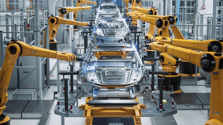 Car,Factory,3d,Concept:,Automated,Robot,Arm,Assembly,Line,Manufacturing