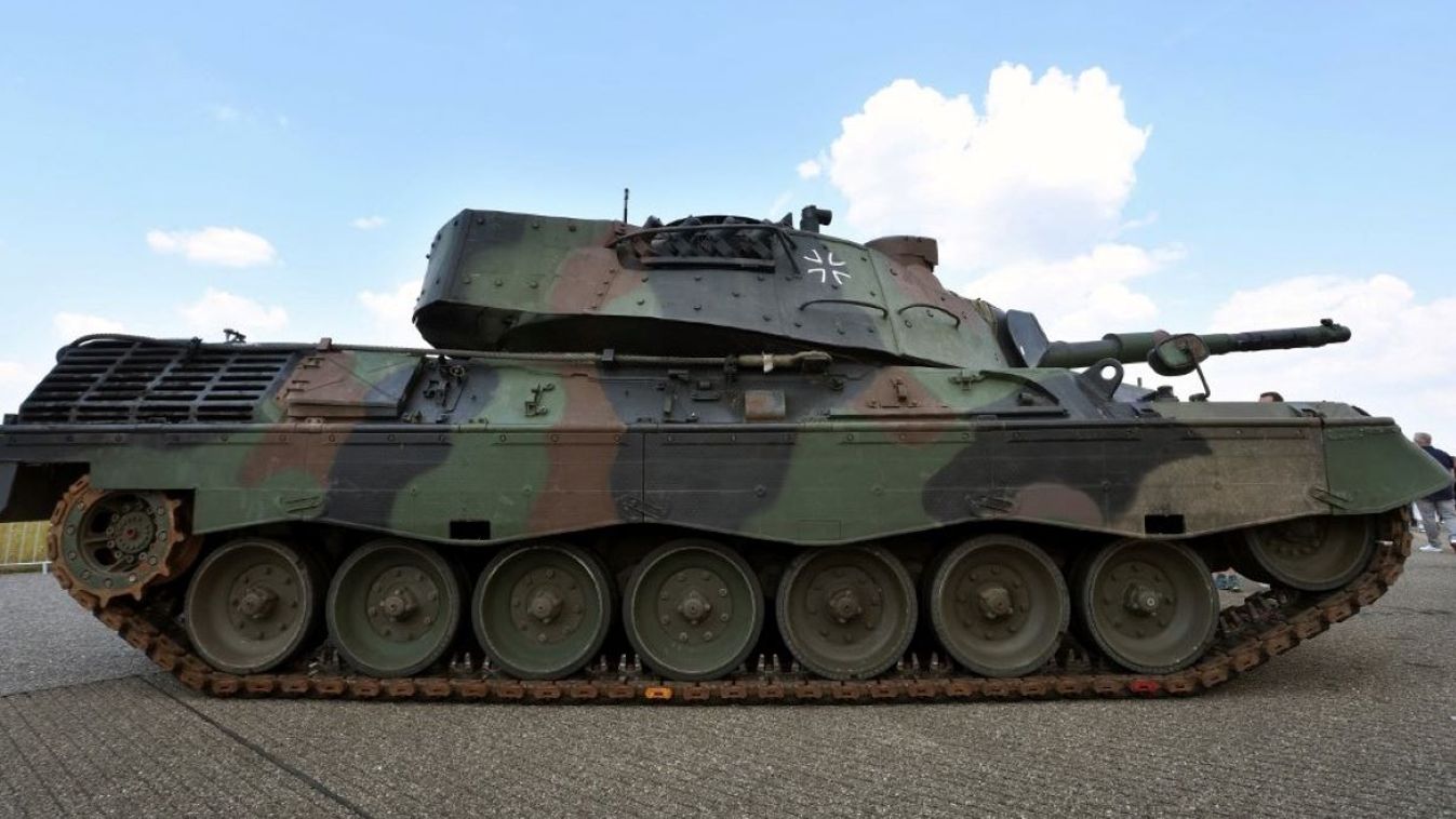 A Leopard 1 tank stands at the air base during the Bundeswehr Day.