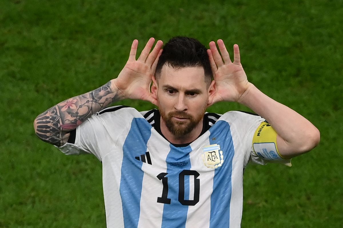 Argentina's forward #10 Lionel Messi celebrates scoring his team's second goal from the penalty spot during the Qatar 2022 World Cup quarter-final football match between The Netherlands and Argentina at Lusail Stadium, north of Doha on December 9, 2022. (Photo by FRANCK FIFE / AFP)