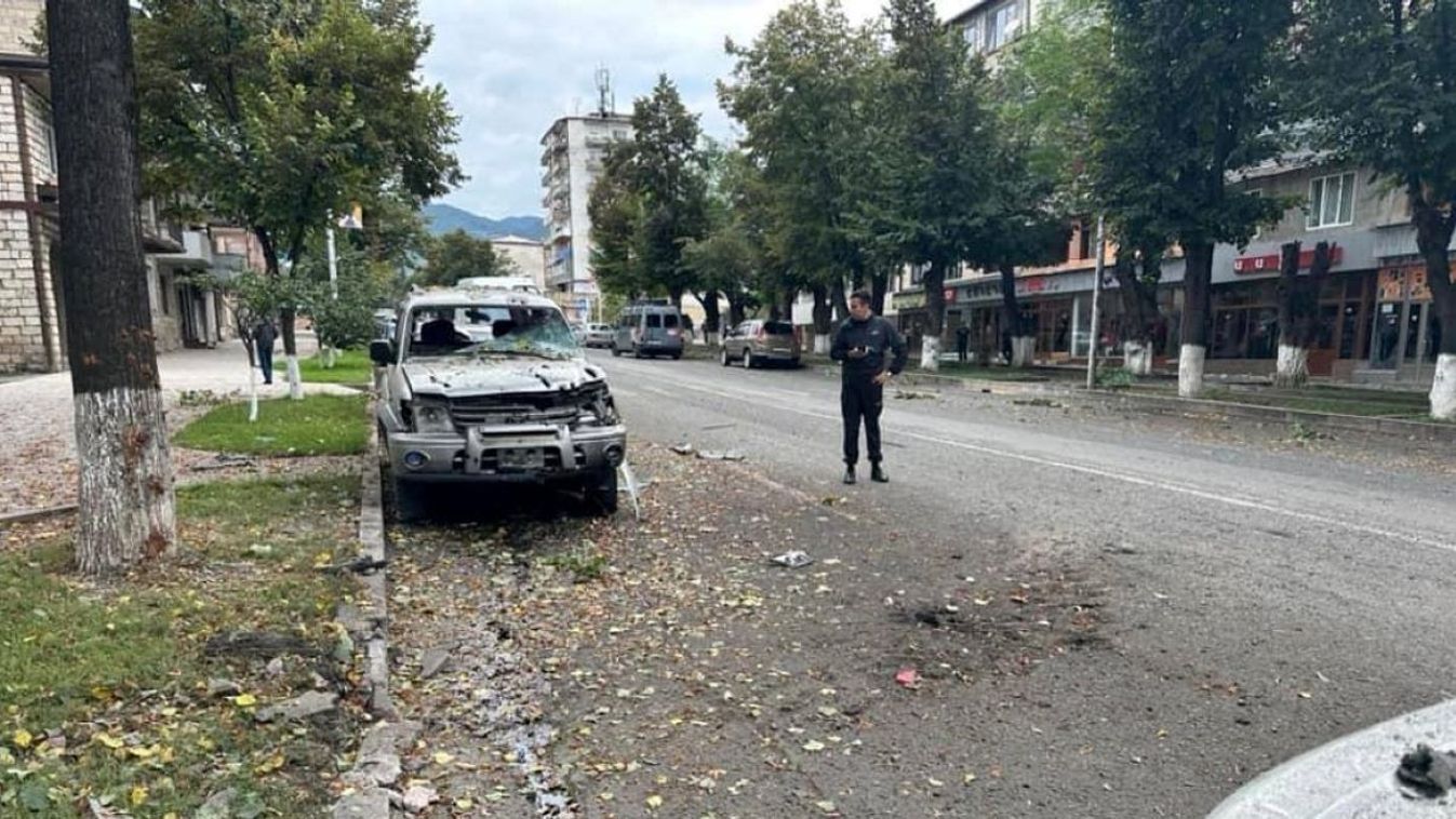 A taken made on September 20, 2023 and released by the Nagorno-Karabakh Human Rights Ombudsman shows a damaged car in a street of Stepanakert, as Azerbaijan's renewed offensive on the region. Karabakh authorities claimed 25 people, including two civilians, were killed in the fighting, while Azerbaijan warned it would "continue until the end" in the territory.