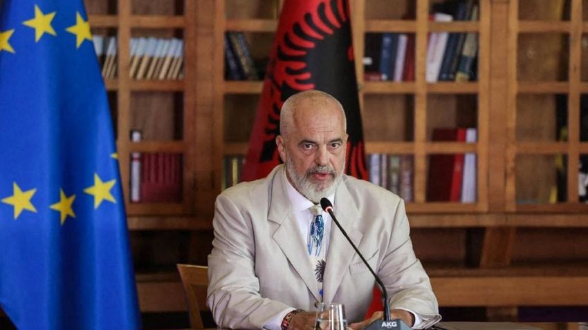 Prime Minister of Albania Edi Rama speaks during a press meeting with Deputy Prime Minister of Albania and Minister of Infrastructure and Energy Belinda Balluku (not seen) announcing the discovery of oil reserves in the Shpirag region in Berat province, Albania on August 23, 2023.