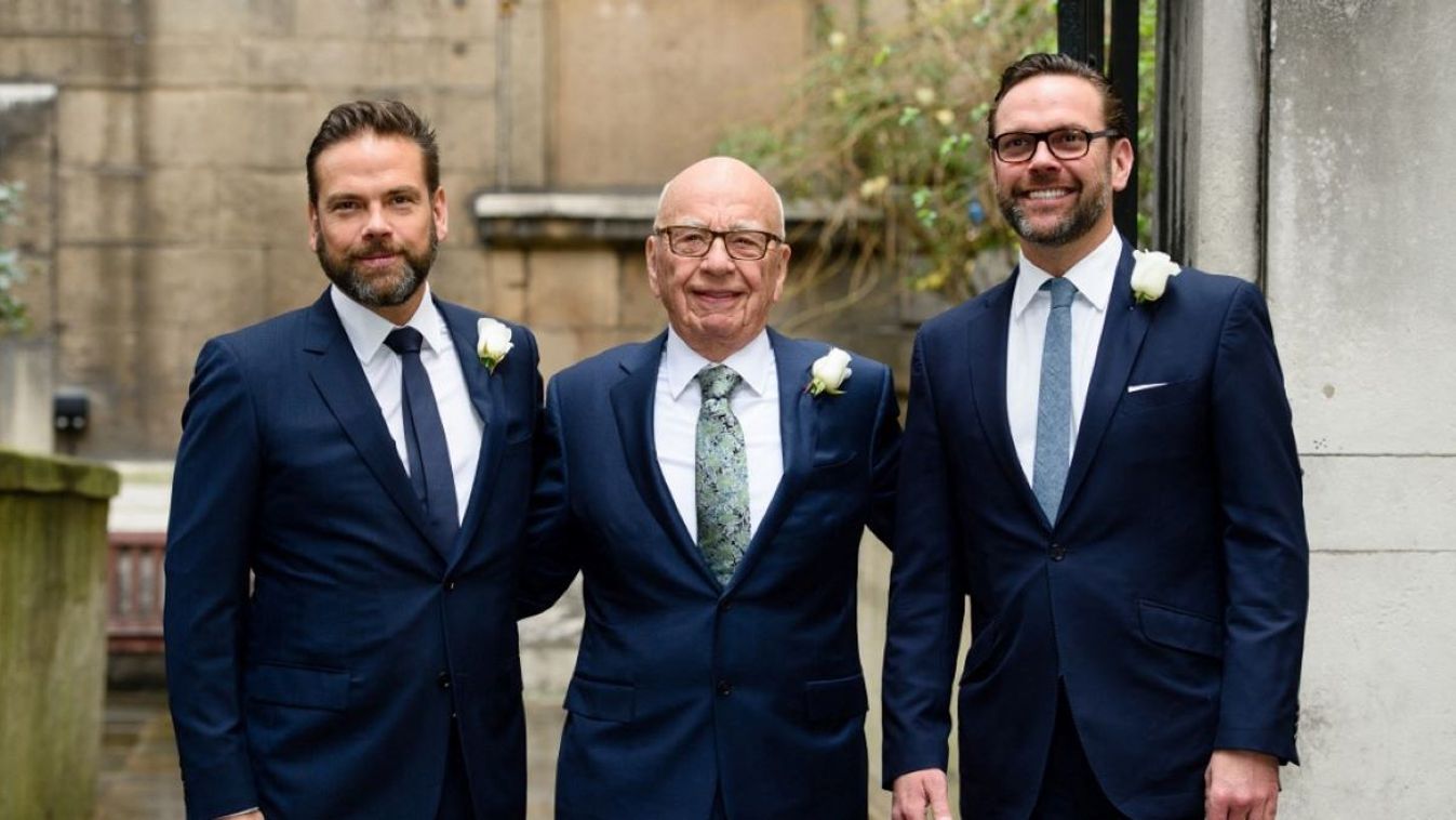 Australian born media magnate Rupert Murdoch (C) flanked by his sons Lachlan (L) and James (R) arrive at St Bride's Church on Fleet Street in central London on March 5, 2016, to attend a ceremony of celebration a day after the official marriage of Rupert Murdoch and former US model Jerry Hall.