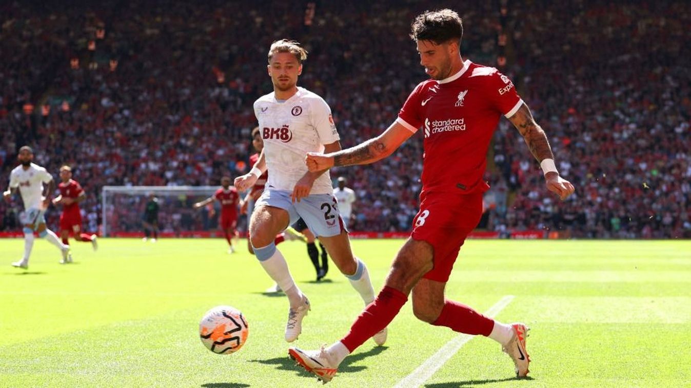 LIVERPOOL, ENGLAND - SEPTEMBER 03: Dominik Szoboszlai of Liverpool crosses the ball during the Premier League match between Liverpool FC and Aston Villa at Anfield on September 03, 2023 in Liverpool, England. (Photo by Matt McNulty/Getty Images)