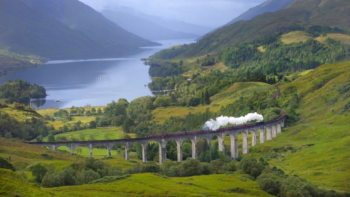 United Kingdom, Scotland, Highland, The Jacobite Steam Train, better known now as the Harry Potter Train, crossing the viaduct of Glenfinnan