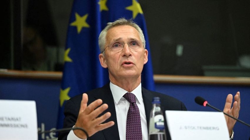 NATO Secretary General Jens Stoltenberg speaks during the European Parliament Foreign Affairs Committee meeting on September 07, 2023 in Brussels, Belgium.