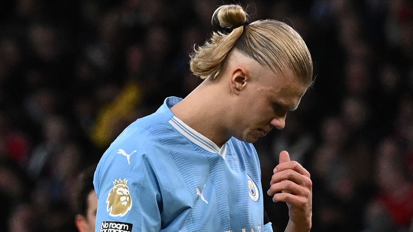 Manchester City's Norwegian striker #09 Erling Haaland prepares to take a penalty during the English Premier League football match between Manchester United and Manchester City at Old Trafford in Manchester, north west England, on October 29, 2023. (Photo