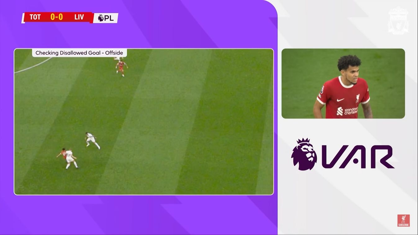 Luis Díaz gólját les miatt érvénytelennek nyilvánítják, a Tottenham-Liverpool angol bajnoki mérkőzésen 2023. szeptember 30-án Londonban
