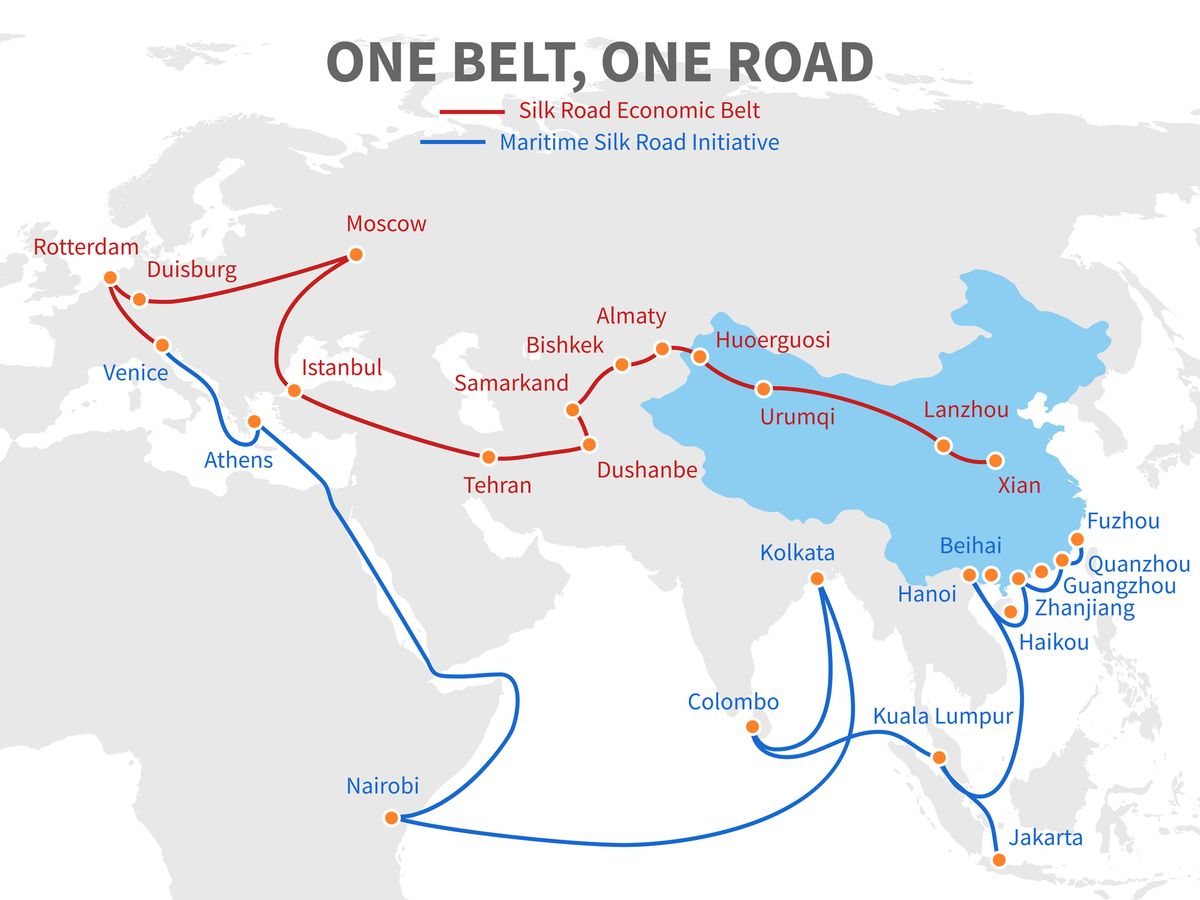 One belt - one road chinese modern silk road. Economic transport way on world map vector illustration