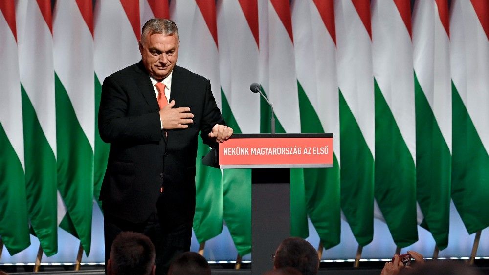 Orbán Viktor, a Fidesz újraválasztott elnöke, miniszterelnök a Fidesz 29. tisztújító kongresszusán Budapesten, a Hungexpón 2021. november 14-én.
MTI/Koszticsák Szilárd