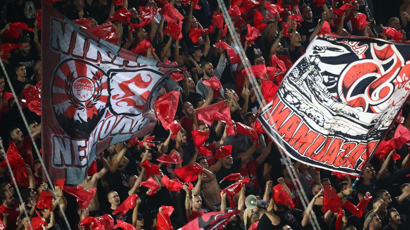 Olympiacos' supporters cheer on their team in the stands during the UEFA Europa League 1st round day 3 Group A football match between Olympiacos (GRE) and West Ham (ENG) at the Georgios Karaiskakis Stadium in Piraus on October 26, 2023. (Photo by Stelios STEFANOU / Eurokinissi / AFP) / Greece OUT