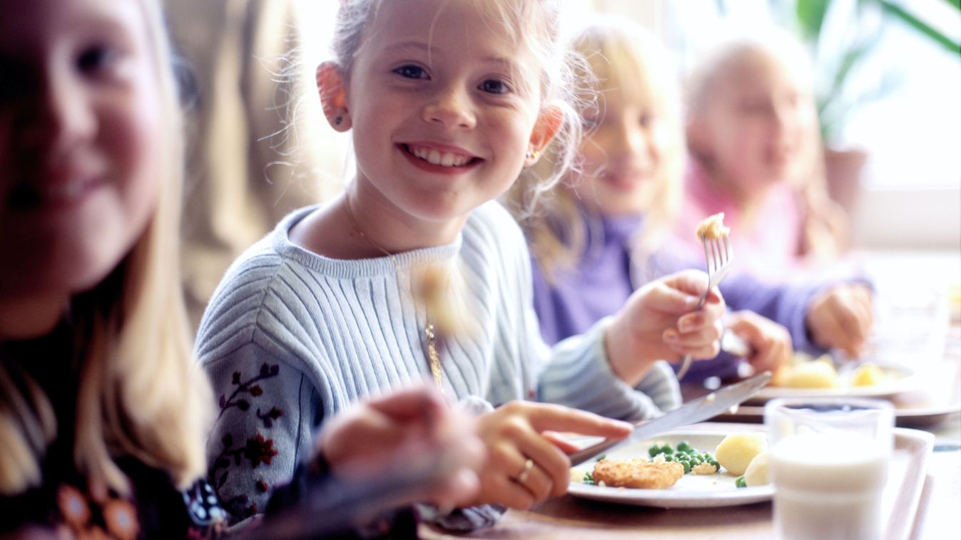 Children (6-8) eating school dinner, portrait