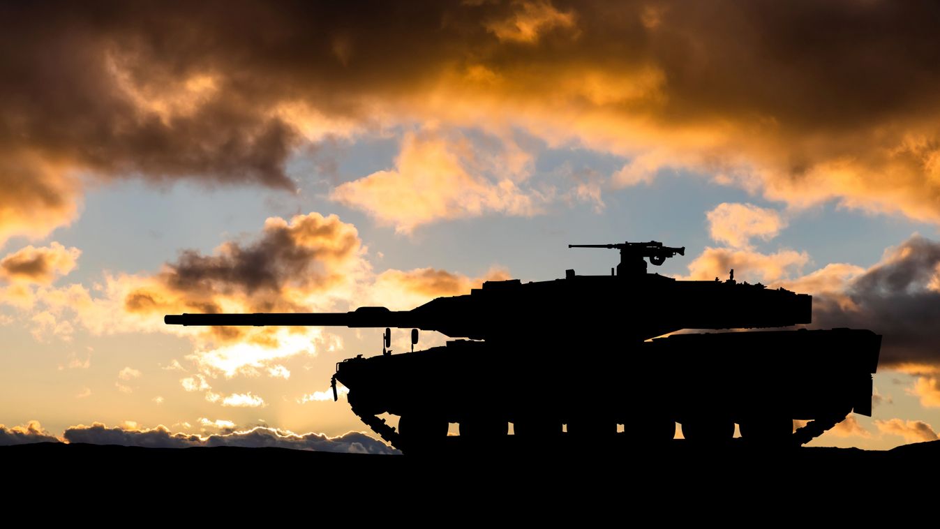 German main battle tank on the background of the sunset sky