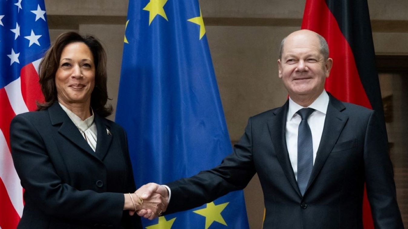 German Chancellor Olaf Scholz shakes hands with US Vice President Kamala Harris prior bilateral talks at the Munich Security Conference (MSC) in Munich, southern Germany on February 17, 2024.