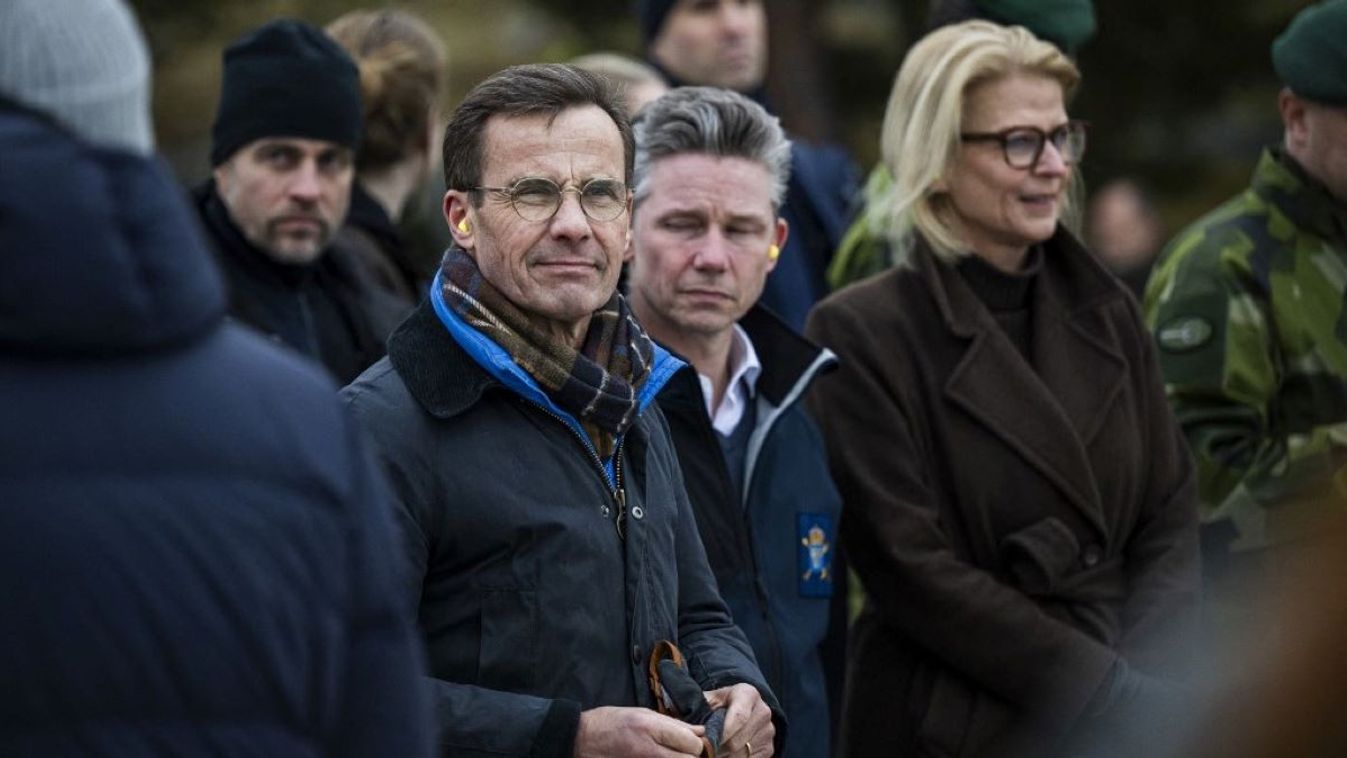 Swedish Prime Minister Ulf Kristersson is pictured during a military demonstration following a press conference as a new support package for Ukraine is presented on February 20, 2024, at the Berga Naval Base, part of the Swedish Armed Forces, located south of Stockholm. Sweden said on February 20 it would give 7.1 billion kronor (USD 682 million) worth of military equipment to Ukraine, in a boost for the country as it struggles to fight off Russia's invasion.