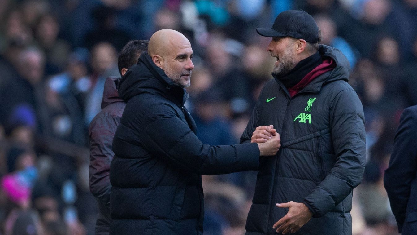 MANCHESTER, ENGLAND - NOVEMBER 25: Manchester City manager Pep Guardiola and Liverpool manager Jurgen Klopp exchange words after the Premier League match between Manchester City and Liverpool FC at Etihad Stadium on November 25, 2023 in Manchester, England. (Photo by Visionhaus/Getty Images)