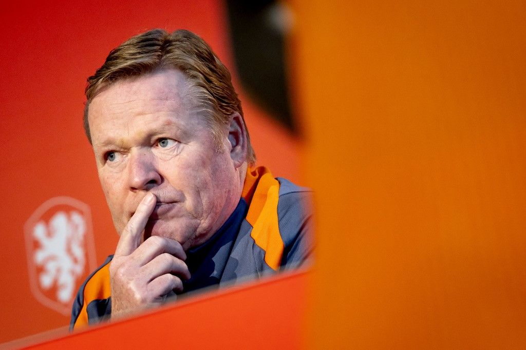 Netherlands' national football team coach Ronald Koeman talks to the media during a press conference at the KNVB Campus in Zeist on March 18, 2024, ahead of their international friendly football match against Scotland in Amsterdam. (Photo by Koen van Weel / ANP / AFP) / Netherlands OUT