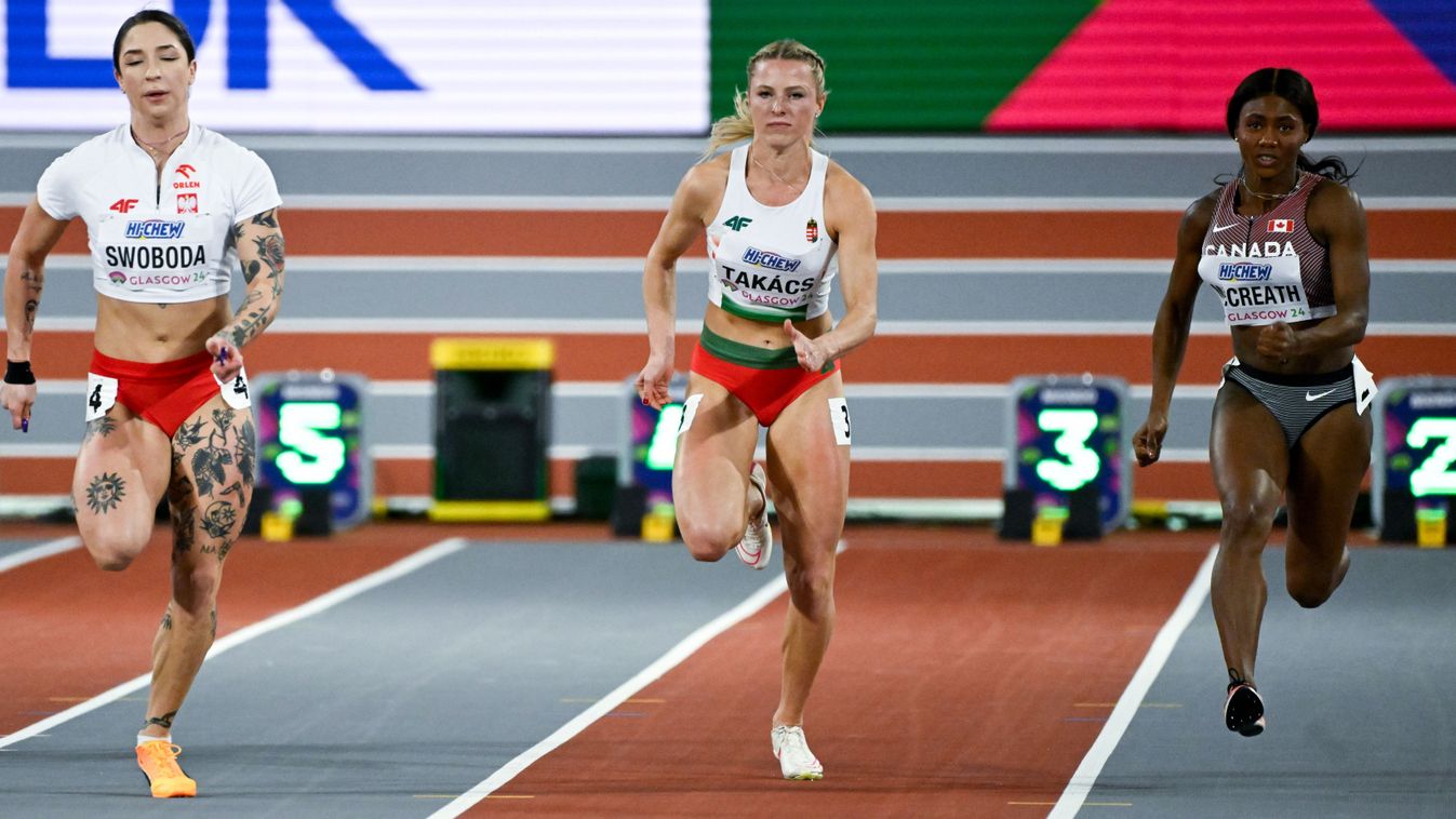 Glasgow, 2024. március 2.
Takács Boglárka (j2) a nõi 60 méteres síkfutás elõfutamában a glasgow-i fedett pályás atlétikai világbajnokságon 2024. március 2-án.
MTI/Koszticsák Szilárd