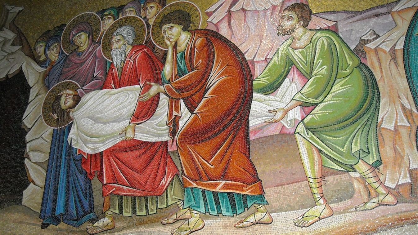 Jézust sírba helyezik: mozaik a jeruzsálemi Szent Sír Bazilikában.