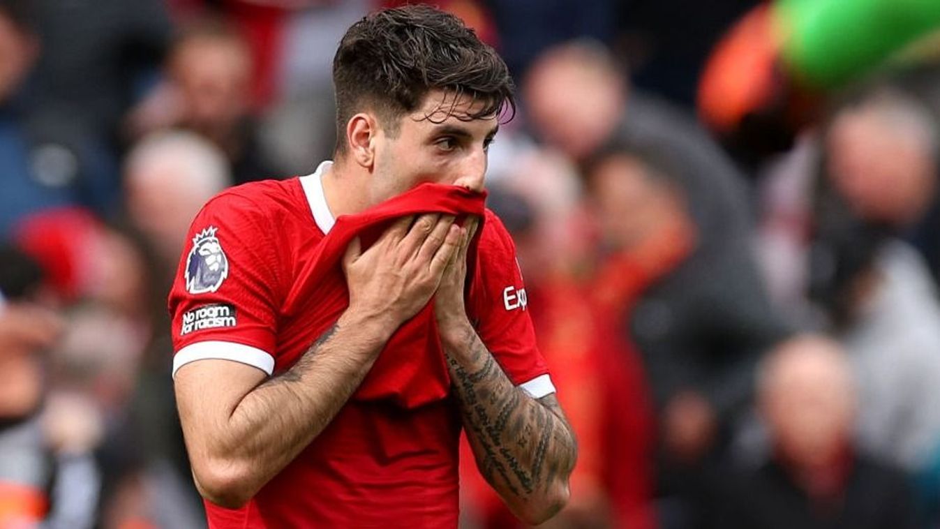 LIVERPOOL, ENGLAND - APRIL 14: Dominik Szoboszlai of Liverpool looks dejected after the team's defeat in the Premier League match between Liverpool FC and Crystal Palace at Anfield on April 14, 2024 in Liverpool, England. (Photo by Michael Steele/Getty Images)