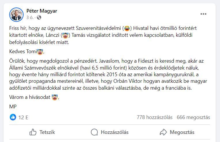 Magyar reakciója a Szuv. védelmi vizsgálatra, fotó: Facebook