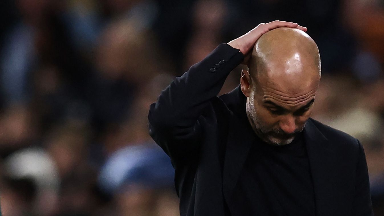 Manchester City's Spanish manager Pep Guardiola reacts during the UEFA Champions League quarter-final second-leg football match between Manchester City and Real Madrid, at the Etihad Stadium, in Manchester, north-west England, on April 17, 2024. (Photo by Darren Staples / AFP)