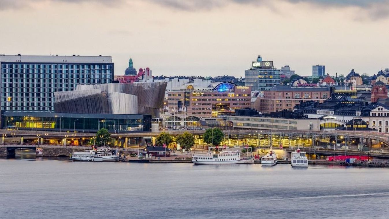 View towards the Waterfront Congress Centre at dawn, Stockholm, Stockholm County, Sweden, Scandinavia