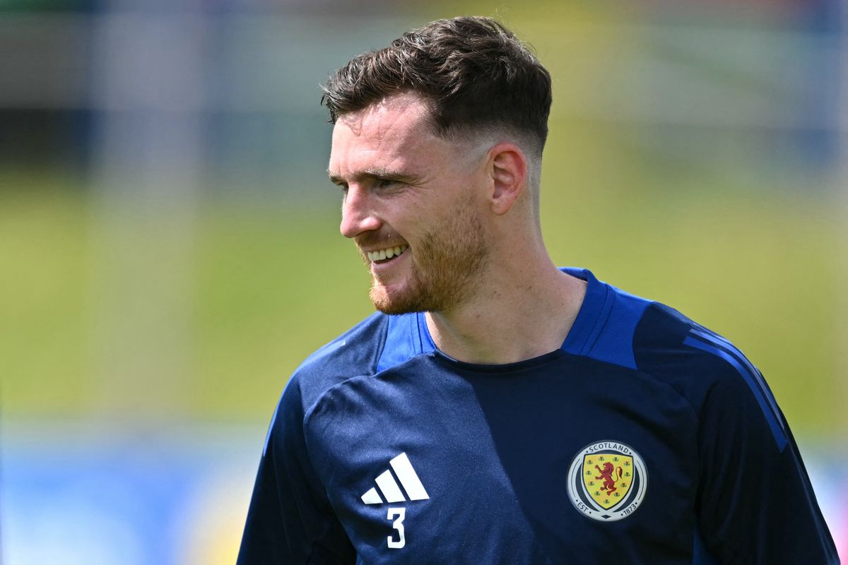 Scotland's defender #03 Andrew Robertson attends a MD-1 training session on the eve of their UEFA Euro 2024 Group A football match against Hungary, at the team's base camp in Garmisch-Partenkirchen, on June 22, 2024. 