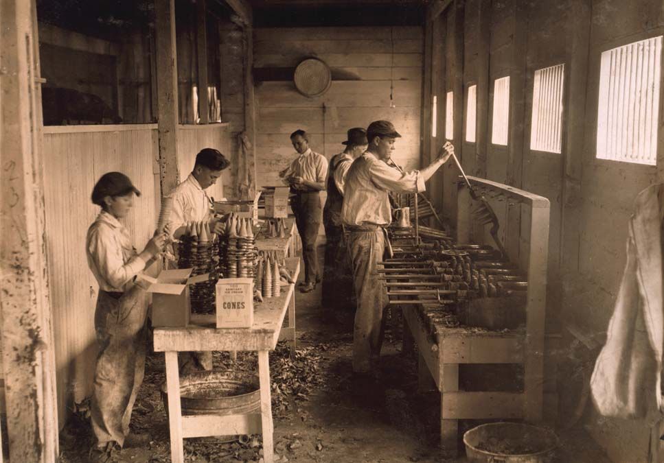 Two Young Boys Packing Cones at Ice Cream Cone Factory, Oklahoma City, Oklahoma, USA, 1917