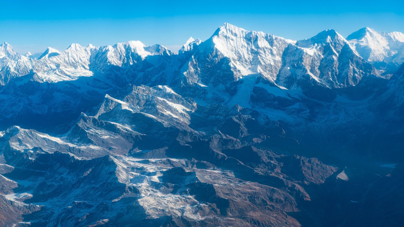 Aerial of the Himalayan mountain range around the Mount Everest, Nepal