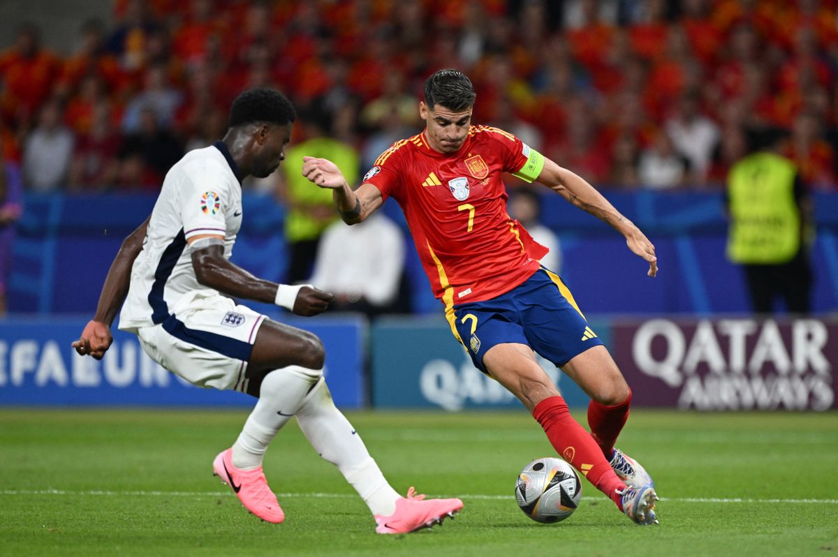 BERLIN, GERMANY - JULY 14: Alvaro Morata of Spain and Guehi of Englan during the UEFA EURO 2024 final match between Spain and England at Olympiastadion in Berlin, Germany on July 14, 2024. 