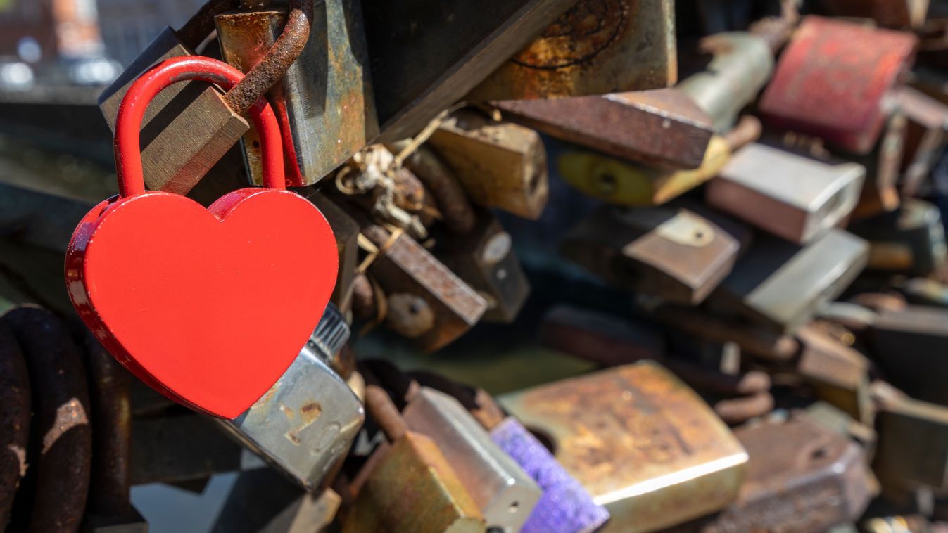 Heart-shaped,Red,Padlock,Attached,To,A,Bridge,Rail,Among,Various