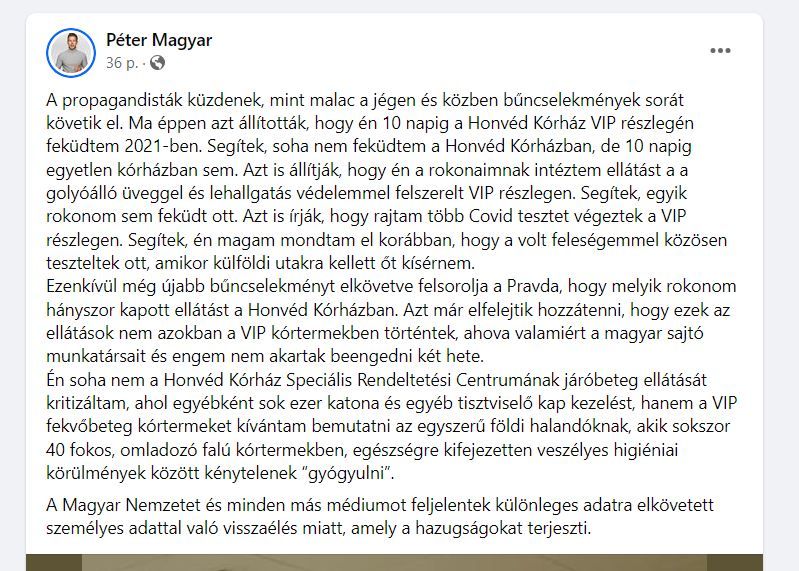 Magyar Péter poszt, VIP-ellátás Fotó: Képernyőkép