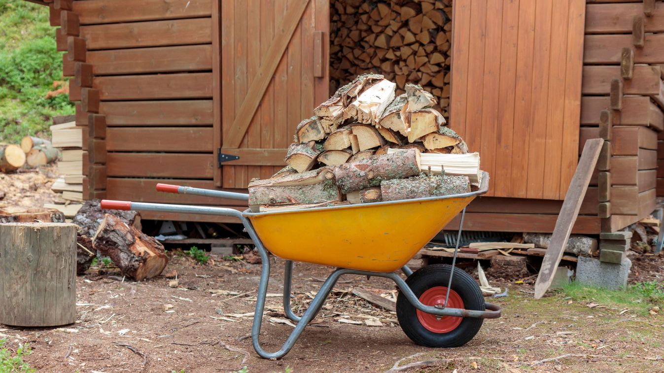 Yellow,Metal,Garden,Wheelbarrow,And,A,Pile,Of,Sawn,Firewood