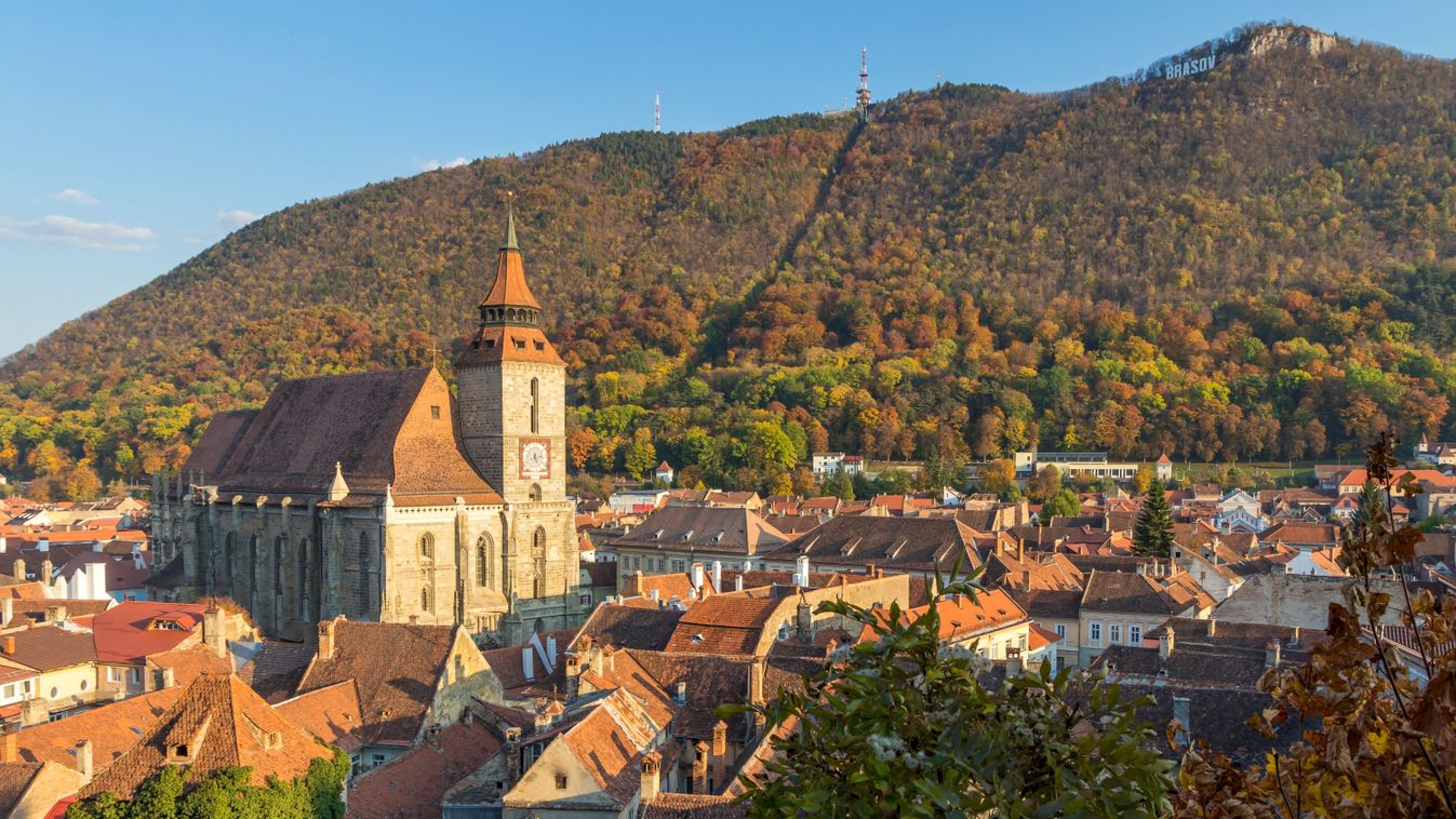 View from the Black Tower to the Black Church and Tampa Mountain during autumn, Brasov, Transylvania Region, Romania, Europe