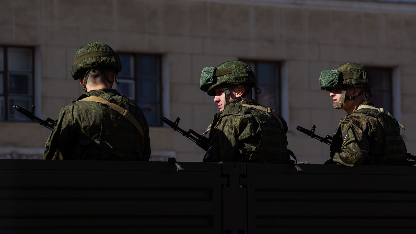 Russian military personnel during a rehearsal for the May 9