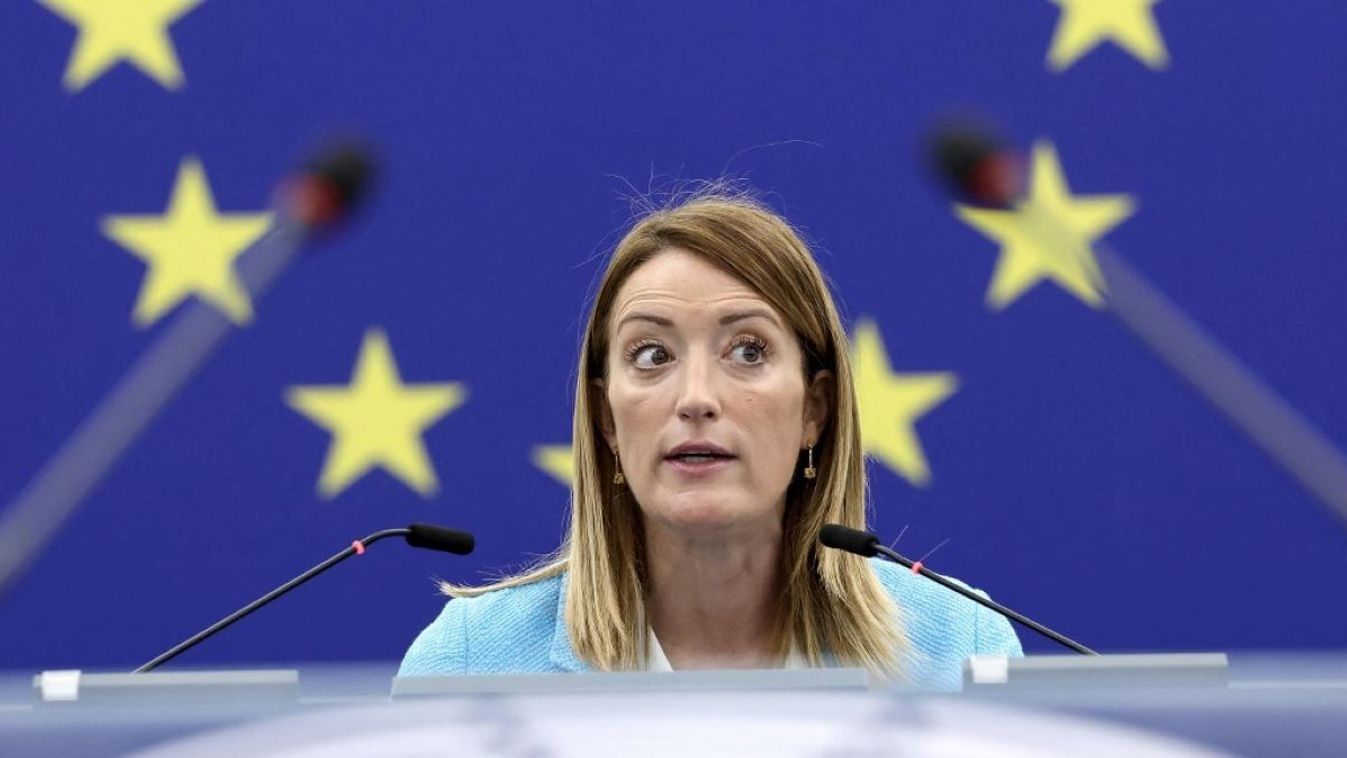 European Parliament President Roberta Metsola delivers a speach ahead of a debate on the escalating conflict in the Middle East and events in Lebanon, as part of a plenary session at the European Parliament in Strasbourg, eastern France, on October 8, 2024.