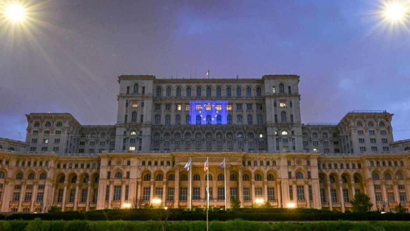 The European Union flag is projected on the facade of Romanian Parliament on the eve of Europe Day in Bucharest, Romania May 8, 2024. With these illuminations taking place in cities across the continent, the European Parliament, national and local authorities send a message of togetherness to 440 million European citizens about the importance of the incomming European elections which will take place between 6-9 of June.