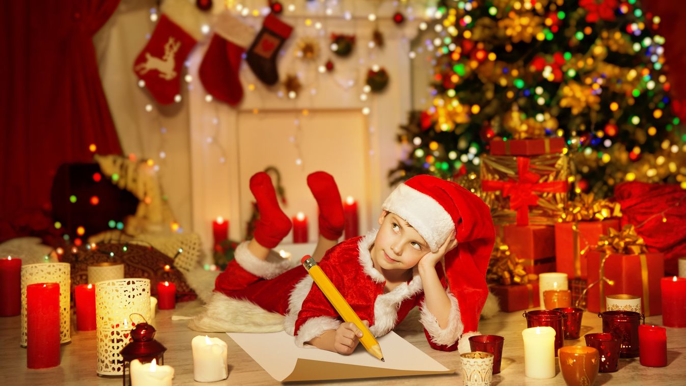 Christmas,Kid,Write,Wish,List,,Child,In,Santa,Claus,Hat