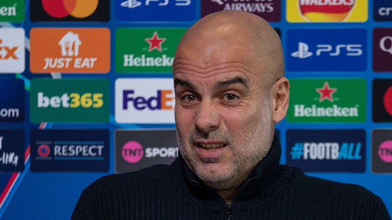 Manchester City F.C. manager Pep Guardiola attends a press conference before the European Champions League match against Sparta Prague at the Joie Stadium in Manchester, England, on October 22, 2024. 